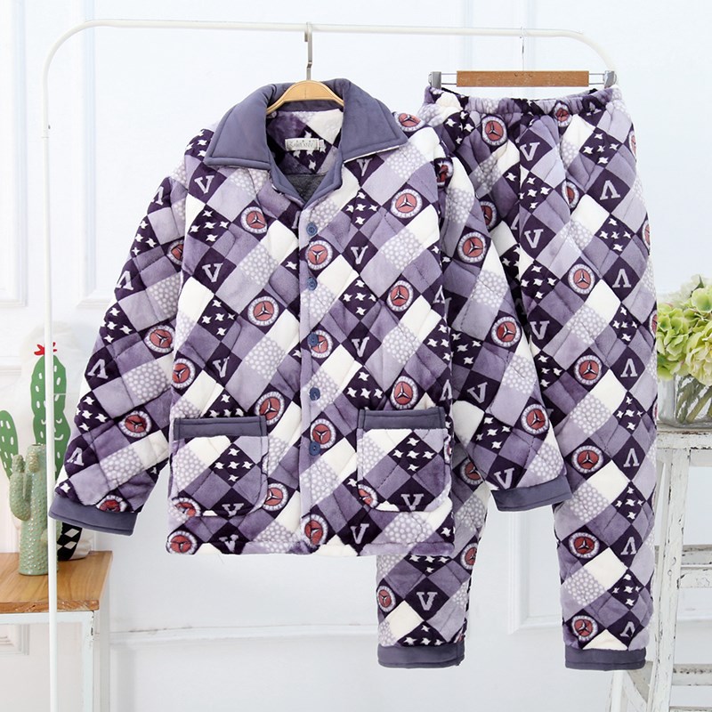 Bộ đồ ngủ mùa đông mens flannel ba lớp cộng với nhung dày nhung san hô trẻ có thể mặc bên ngoài bông dễ thương để giữ ấm.