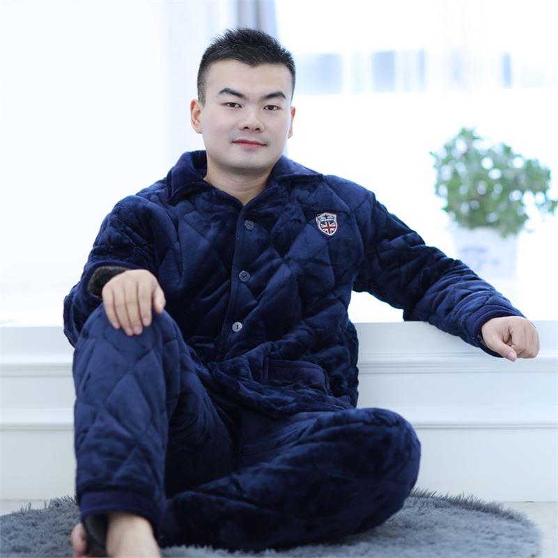 Mùa thu / đông 2019 mens xanh đồ ngủ trung niên mens mùa đông dày cộng với nhung ba lớp bông ra khỏi những bộ quần áo dân tộc nhà cũ.