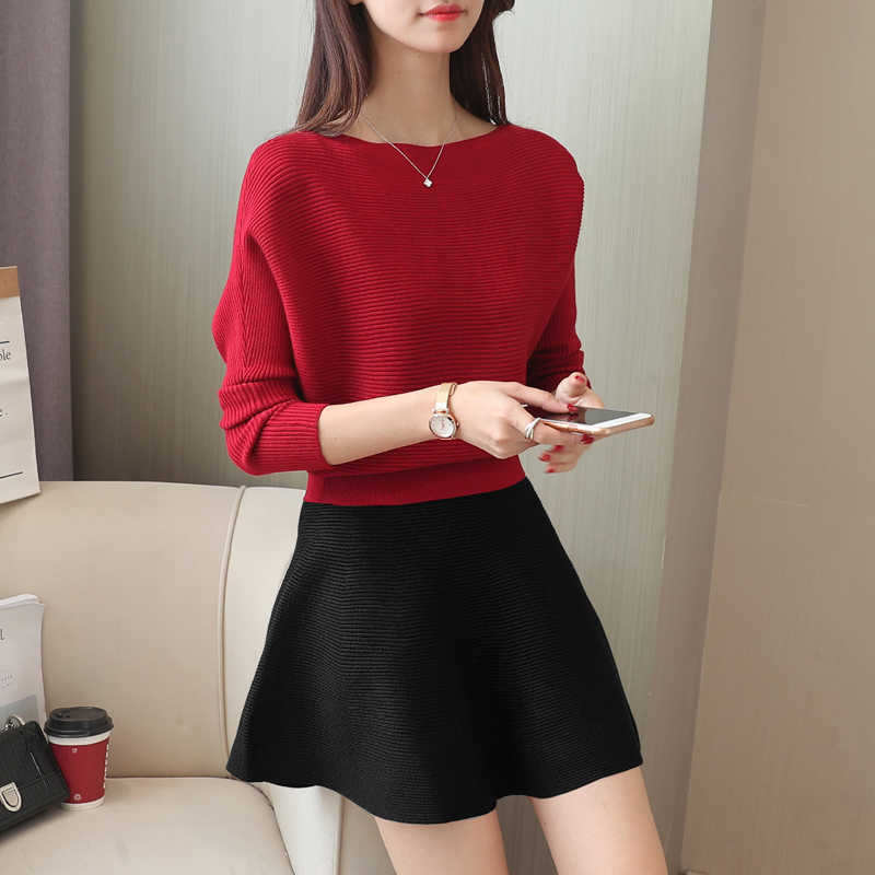 mùa thu thời trang bộ của phụ nữ trang phục mới 2019 áo len dưới lỏng lẻo với váy knitsweater ròng mùa đông màu đỏ hai mảnh bộ thủy triều