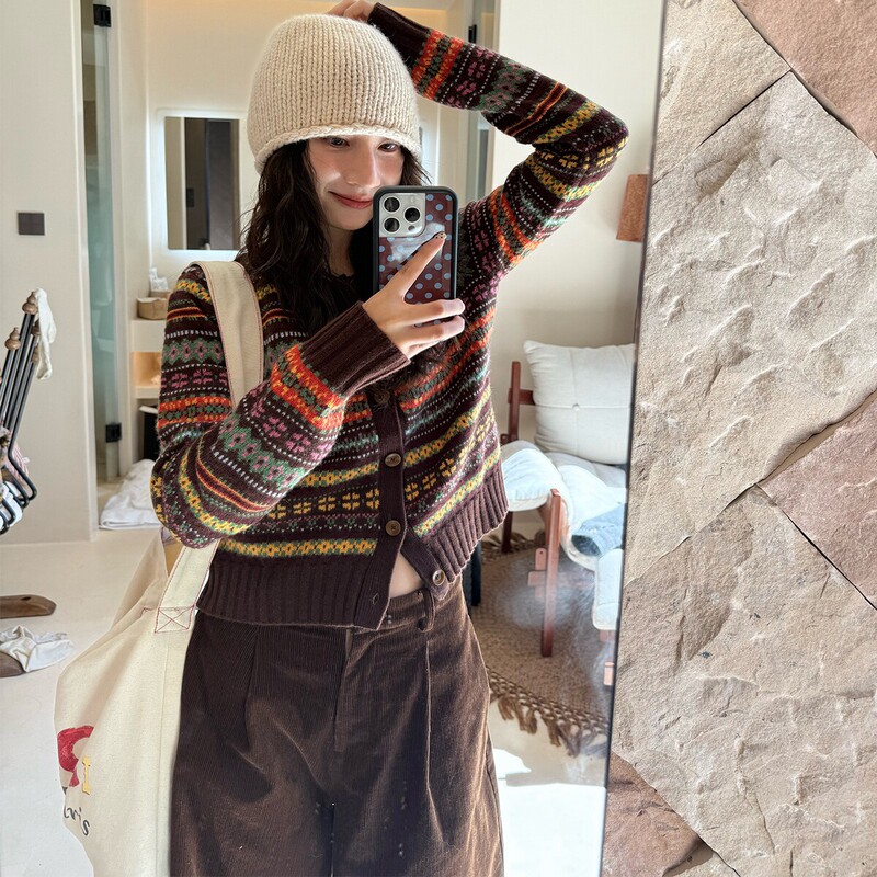 Fair Isle Style Retro Jacquard Knitted Cardigan for Women 2026 Autumn and Winter Thick Buttoned Sweater Coat Slimming Top