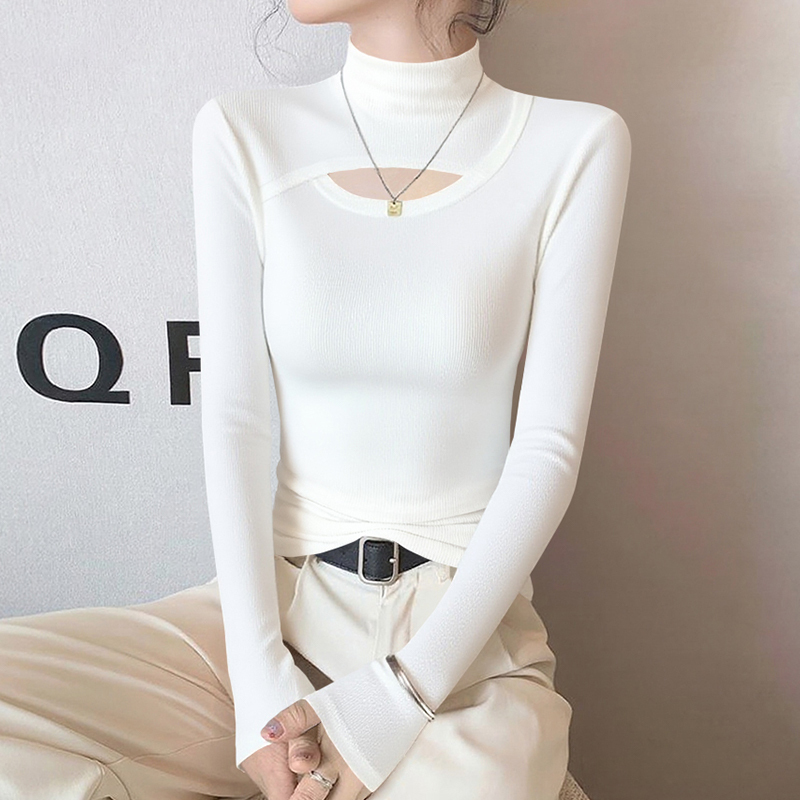 White High-Neck Hollow-Out Long-Sleeve Base Shirt for Women, New Spring and Autumn Knitted Inner Layer with Stylish Design T-Shirt Top