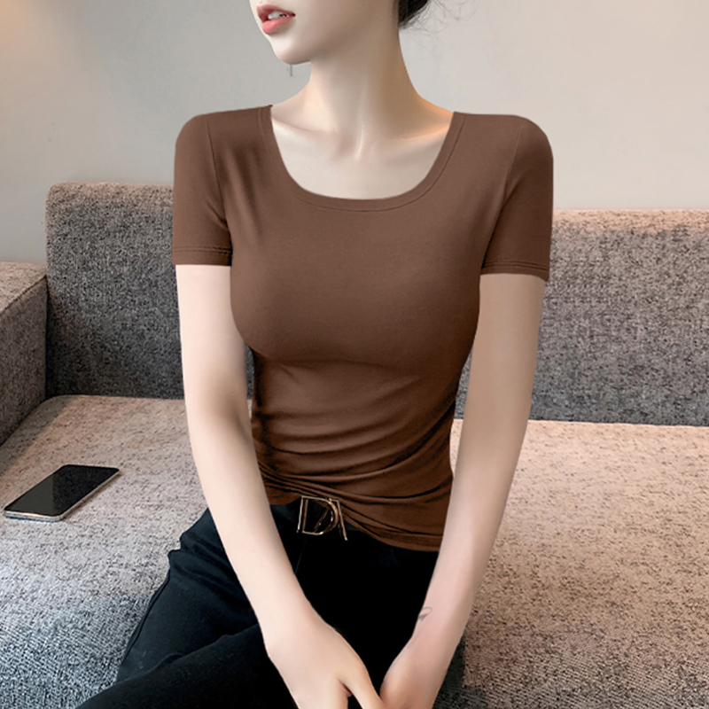 Coffee-Colored Regular Shoulder Round Neck Short-Sleeve T-Shirt for Women, Summer Slim-Fit Flattering Base U-Neck Youthful Stylish Top, 2026 New Model