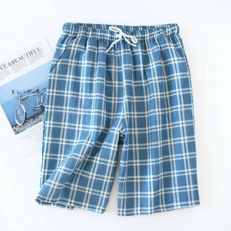 Mùa hè mỏng Nhật Bản quần short cotton gạc lỏng kích thước lớn năm điểm cotton kẻ sọc nhà quần nam - Quần tây