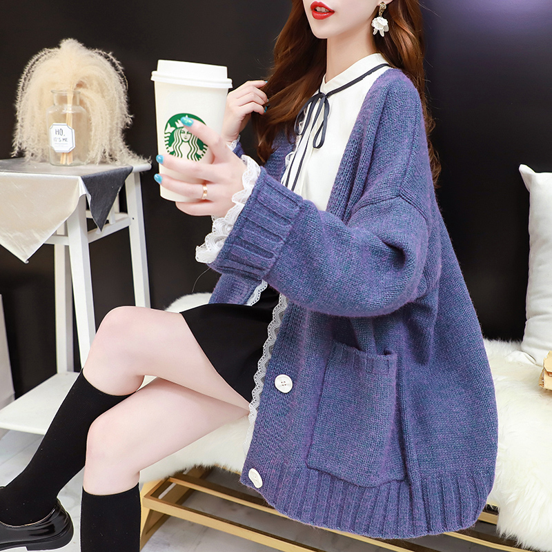 Spring-autumn knit cardiovert female lace splicing sweater jacket 2021 new early fall loose and very fairy wearing a blouse