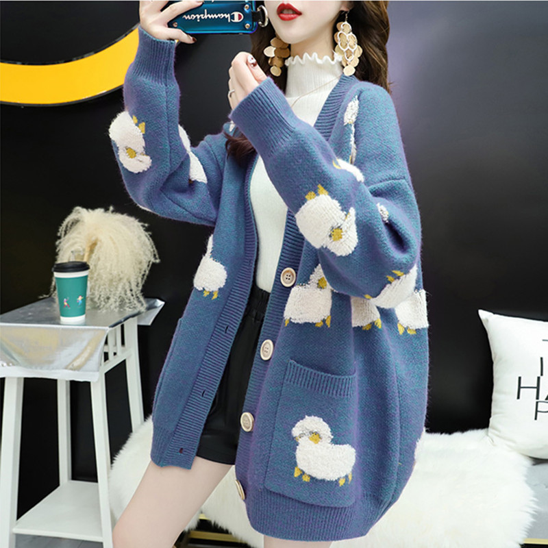 Sweater cardigan women's coat loose 2020 new spring clothes lazy wind mid-length knitted sweater Western style thickening spring and autumn