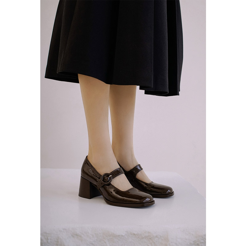 Gross Cat GS Retro Mary Rare with High heel Shoes Woman 2022 New coarse heel Painted Leather Single Shoes Round Small Leather Shoes