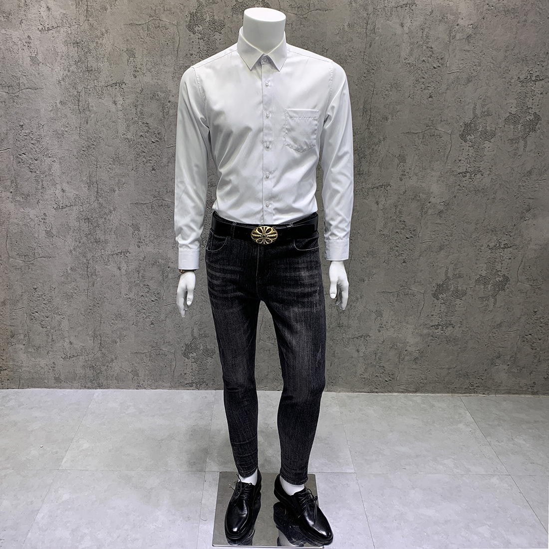 NS201  斜纹口袋装饰 纯色长袖衬衫  白色 (8).J