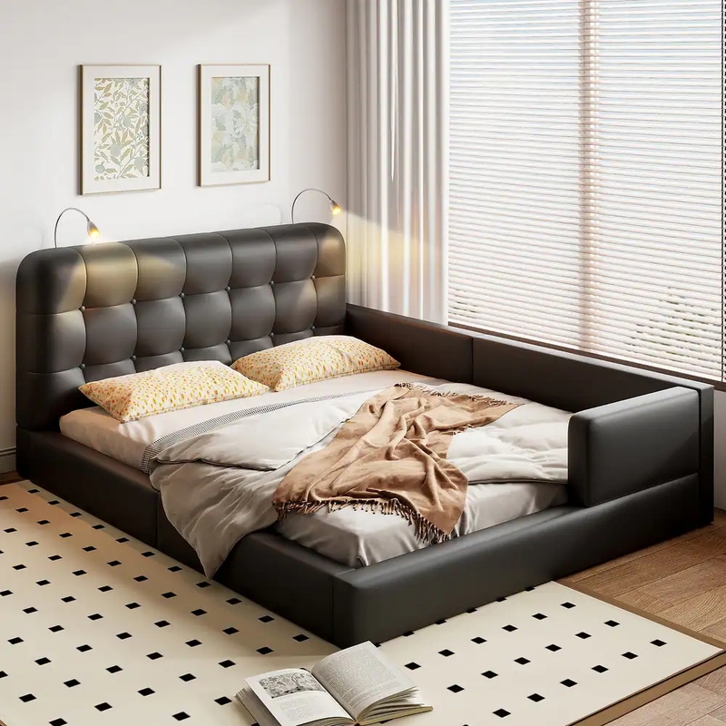 Black Leather Double Bed with Bay Window Connection, Half Window Sill, Half Bed, Small Apartment Guardrail Bed, Parent-Child Bed Black Leather Double Bed with Bay Window Connection, Half Window Sill, Half Bed, Small Apartment Guardrail Bed, Parent-Child Bed