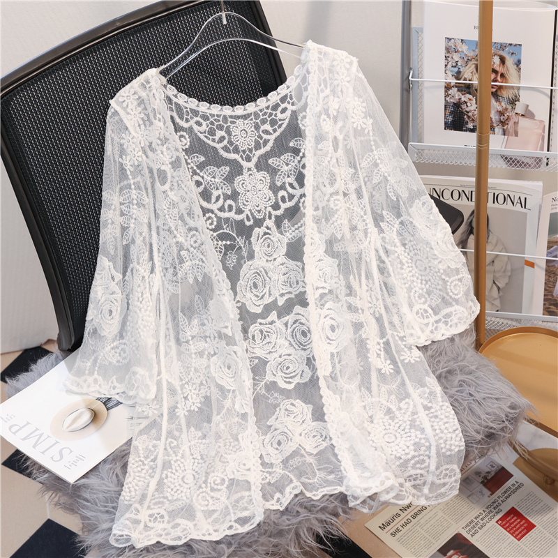 Sun Protection Lace Shawl Cardigan for Women, Thin Summer Style, Paired with Skirts, Hollow-Out Cover-Up Jacket, Air-Conditioning Shirt, Trendy