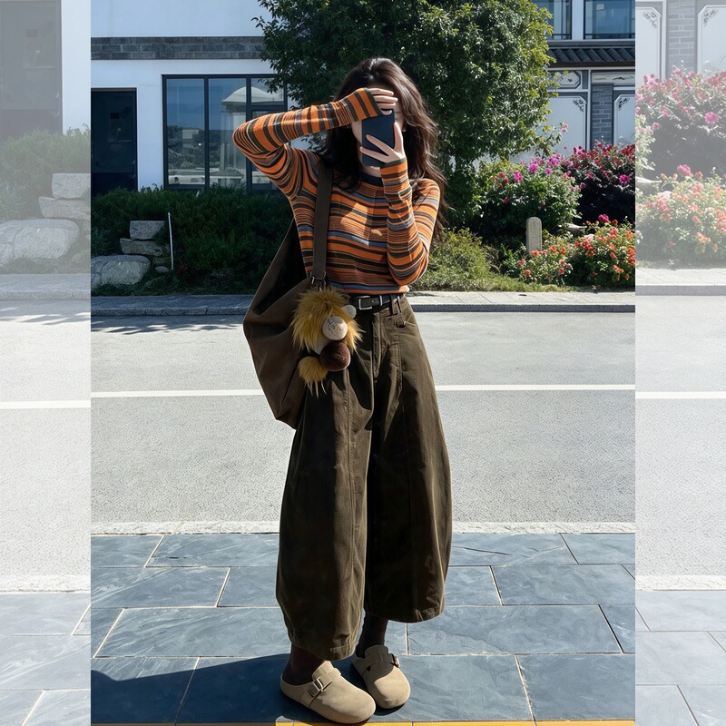 Orange Striped Slim-Fit Round-Neck Long-Sleeve Knit Top Early Autumn Women's 2026 New Unique and Beautiful Thin Top