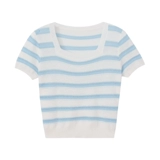 Синяя полосатая футболка с короткими рукавами и правым плечом для женщин летом 2025 года, новый стильный летний наряд, красивый и красивый маленький топ