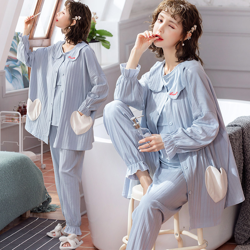 Pregnant women's pajamas pure cotton spring, autumn and winter confinement clothing postpartum maternity discharge clothing breastfeeding pregnancy large size three-piece set