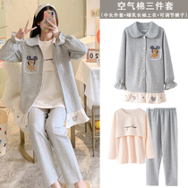 Pregnant womens Moon clothes pajamas three-piece 3 months 2 maternal spring and autumn cotton postpartum lactation clothes large size home clothes