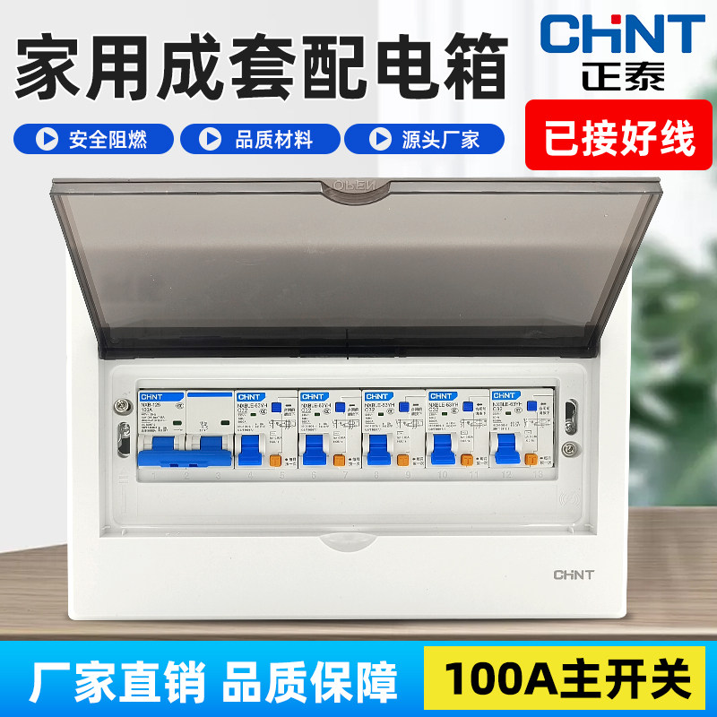Chint 100A Complete Distribution Box for Home Use, Surface or Flush-Mounted, 5-Way Power Distribution Box Assembly with Circuit Breaker and Leakage Protection Box