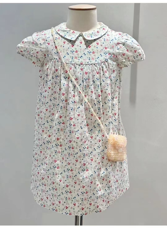 French Spring and Summer New Style Girls' Printed Floral Cotton Fancy Shirt Dress