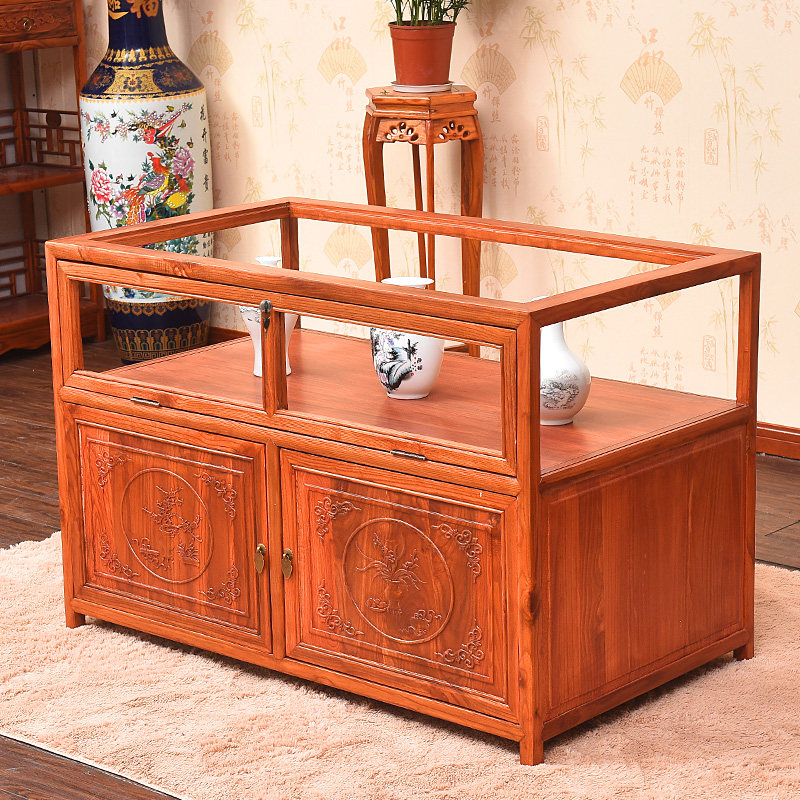 Safflower pear color solid wood jewelry cabinet shelf display counter imitation classical Jade boutique display cabinet glass display cabinet