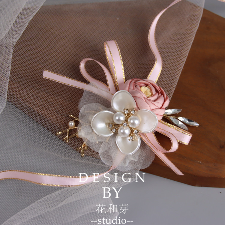 Original handmade beautiful and delicate pink flower bud bride bridesmaid wedding wrist flower event stage bracelet