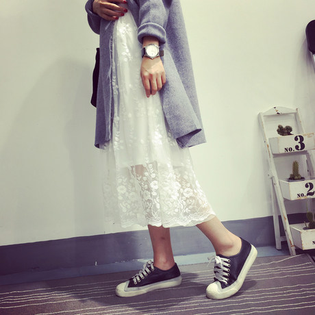 2017春秋韩版百搭蕾丝大码中长款吊带背心拼接网纱内搭打底连衣裙