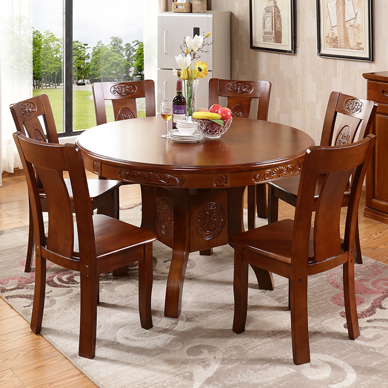 Full solid wood dining table and chairs combined brief Chinese round table oak wood carvings for home round table size family dining table