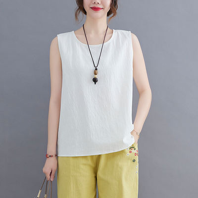 A cotton and linen vest for women in summer is loose and slimming. It's a solid color that goes well with all kinds of outfits. You can wear a small halter top as a casual base layer and a sleeveless top