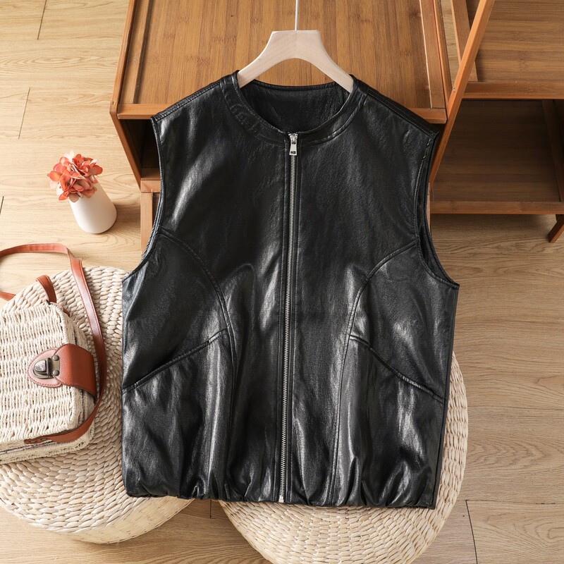 Korean Retro Black Pu Leather Vest for Women, Autumn Layered Zipper Cardigan Sleeveless Jacket Top