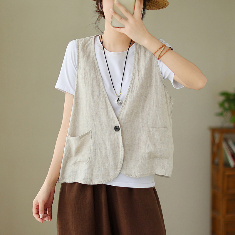 Summer Thin Cotton and Linen Vest for Women, Artistic Solid Color, Simple and Versatile, Sleeveless Loose Linen Cardigan Top