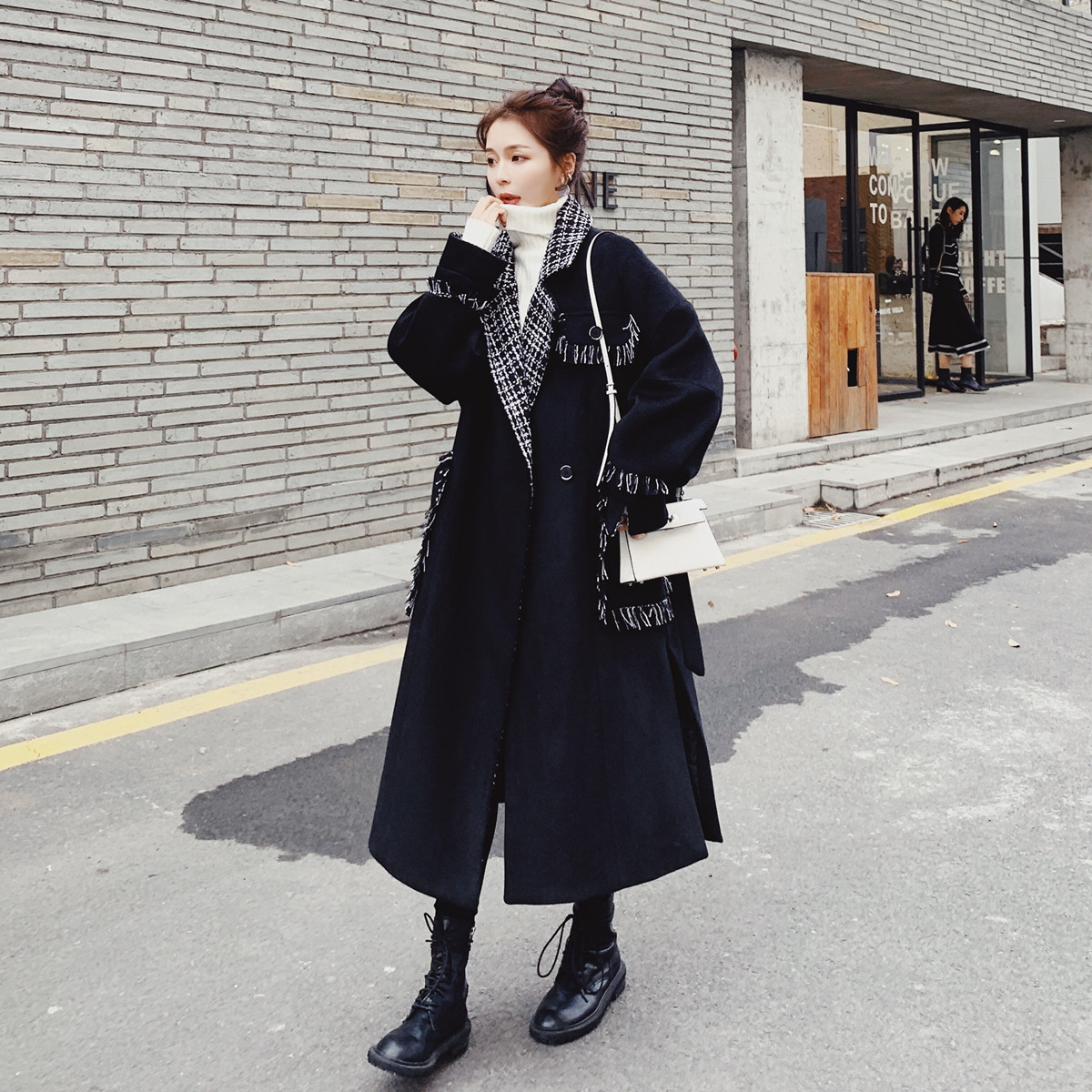 Sandro Queen2021 autumn and winter new Korean version of the black loose coat female Hepburn style stitched woolen coat