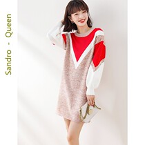 Sandro Queen2021 fall new long sleeves knit dress woman round collar bottom splicing straight drum skirt