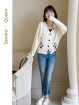 Sandro Queen2021 autumn new knitted sweater jacket cardiovert woman long sleeve v collar outride