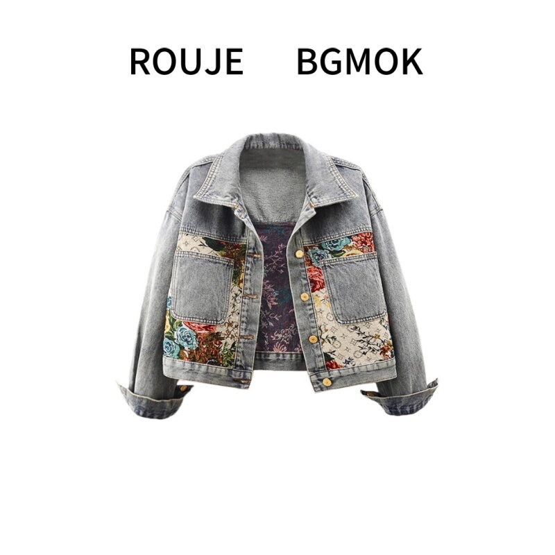 Rouje Bgmok Spring and Autumn New Style Niche Jacquard Patchwork Long Sleeve Denim Jacket Short Loose Jacket Top