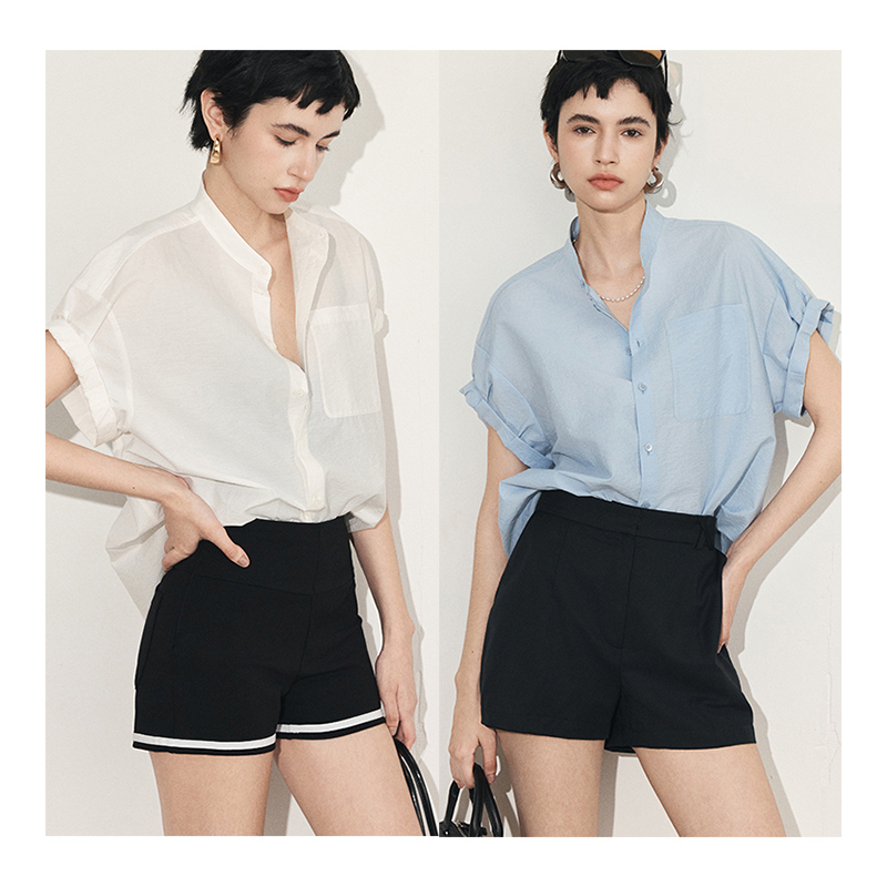 Lema*Re High-Density Pima Cotton Slightly Wrinkled Fold-Over Cuff Stand-Up Collar Shirt C36351
