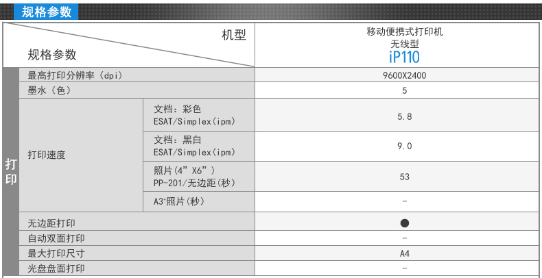 佳能（Canon）ip110 超便携彩色无线打印机 （ip100升级版）