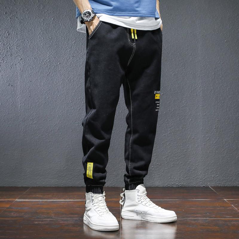 Tide Card Alphabet Jeans Men Loose Fall Printed Straight Cylinder Small Feet Wear-wearing bunches Pants Black Casual Pants