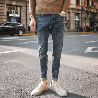 Tide brand men's jeans spring and autumn ankle-length pants men's slim feet broken holes autumn casual trousers Korean trend