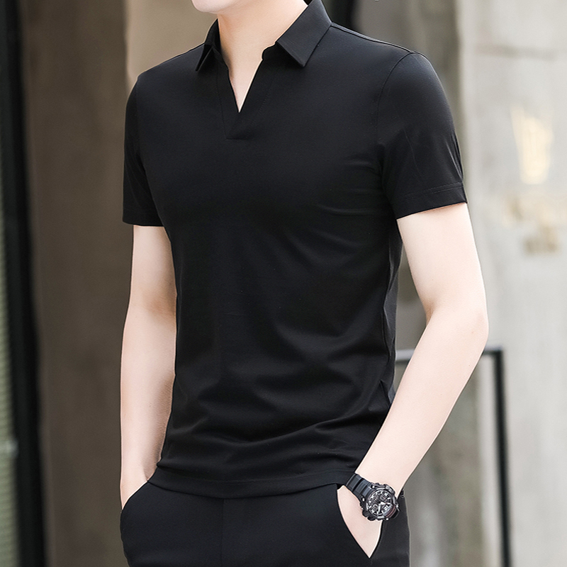 Tide brand ice silk polo shirt men's short-sleeved summer mercerized cotton slim V-neck business loose Japanese lapel casual T-shirt