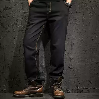 Tide brand black jeans men's loose straight tube large size fat men's stretch comfortable daily casual Joker trousers