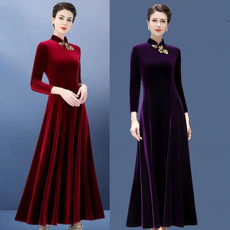Elegant Spring and Autumn Long-Sleeved Embroidered Velvet Cheongsam Performance Dress, Loose Fit, Slimming, Waist-Cinching, with a Large Hem