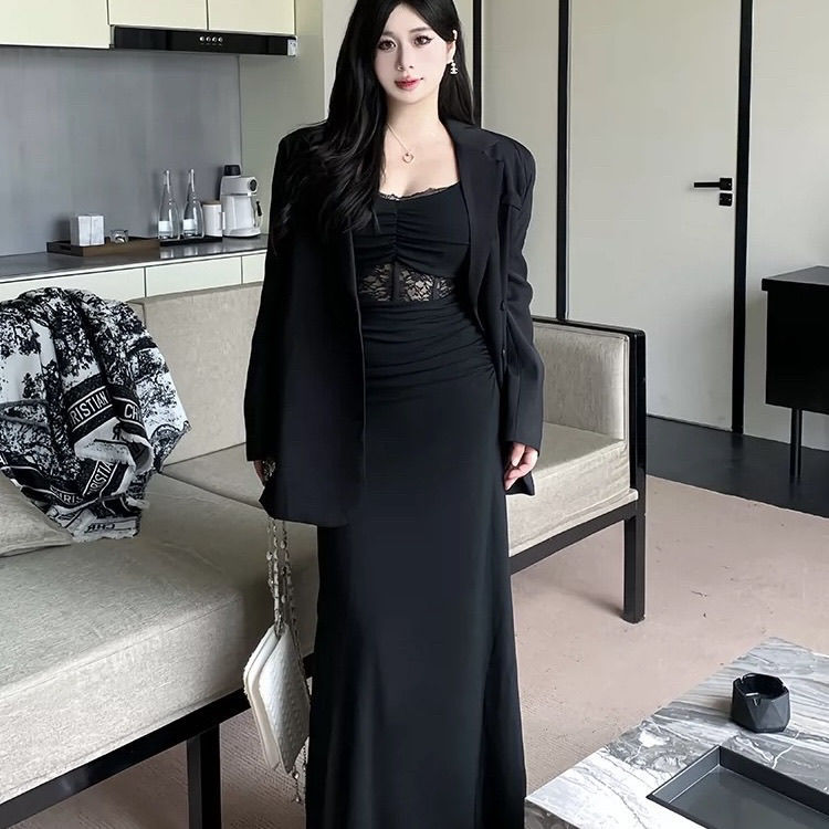 150kg Plus Size French-Style Elegant Sexy Lace Patchwork Hollow-Out Slim-Fit Bodycon Dress for Curvy Women