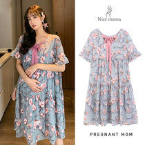 Maternity dresses Summer dresses Chiffon skirts Fashion prints Small fresh tide Hot mom personality foreign style maternity clothes summer