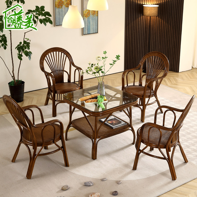 Balcony Fujii Chair Tea Table Five Pieces Of Natural Real Vine Woven Table And Chairs Combined Casual Chair Rattan single leaning back chair-Taobao