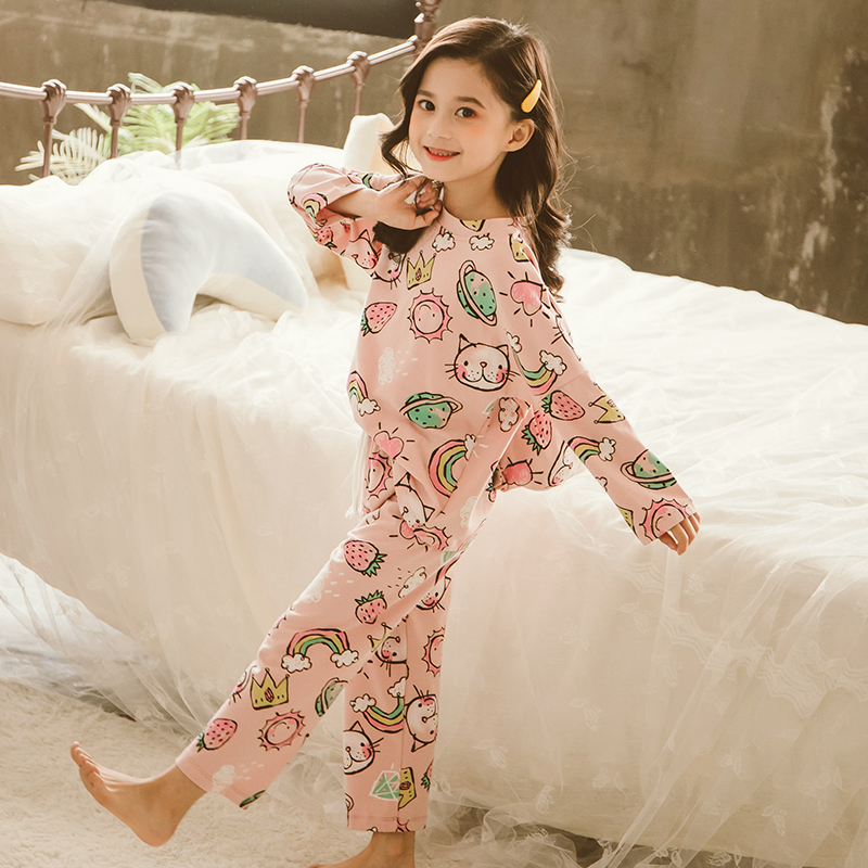 cô gái mùa thu đồ ngủ mùa xuân và mùa thu cotton dài tay hai mảnh bộ bên ngoài mặc bông Hàn Quốc phiên bản của trẻ em lớn quần áo trẻ em nhà cô gái mùa hè
