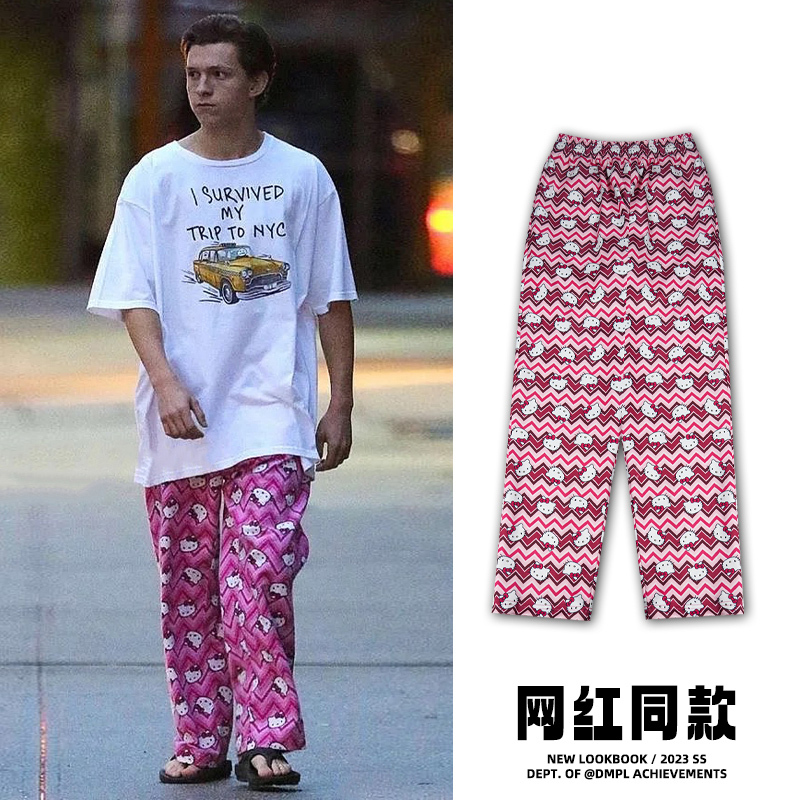 Dutch Brother's Same Style Hello Kitty Owen Pants Straight-Leg Trousers Pink Sweatpants Summer Loose Casual Pants