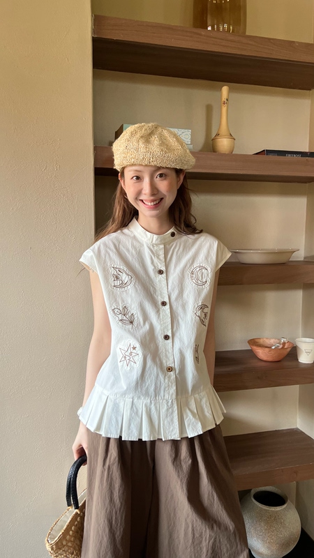 There Are Osmanthus Branches in the Mountains, Lingxi Hand-Painted Embroidered Patches, 100% Cotton, Japanese Style, White Versatile Shirt