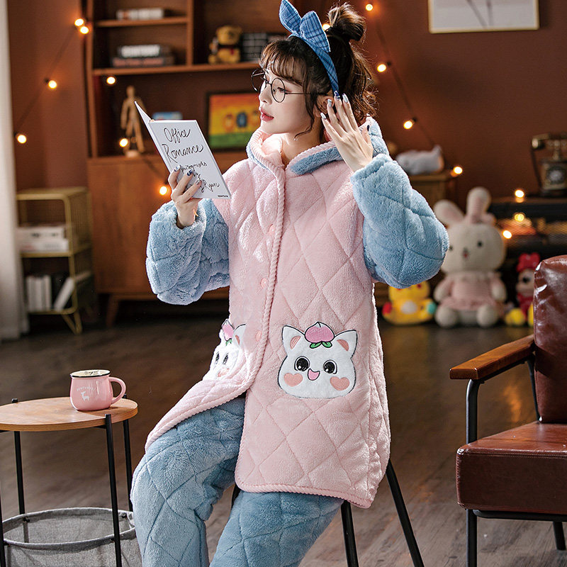 Sleepwear ladies Winter three-layer thickened and gushed cotton Cornel suede able to wear warm autumn and winter days Home Clothing Suit