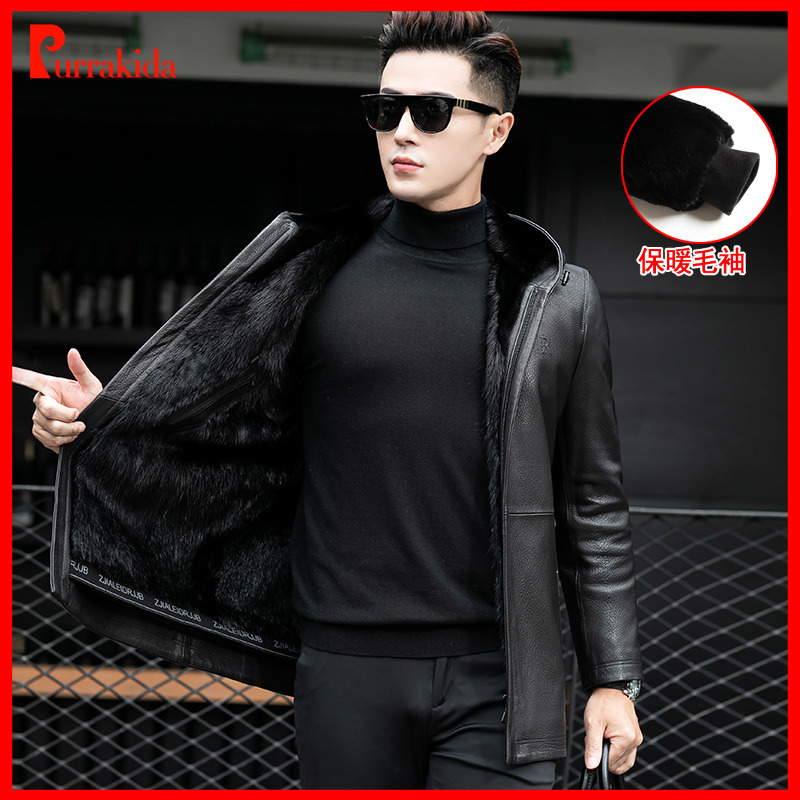 Men's Parka with Genuine Mink Fur Lining, Leather Jacket with Hood, Mid-Length Trench Coat, Goatskin Fur Mink Coat Outerwear