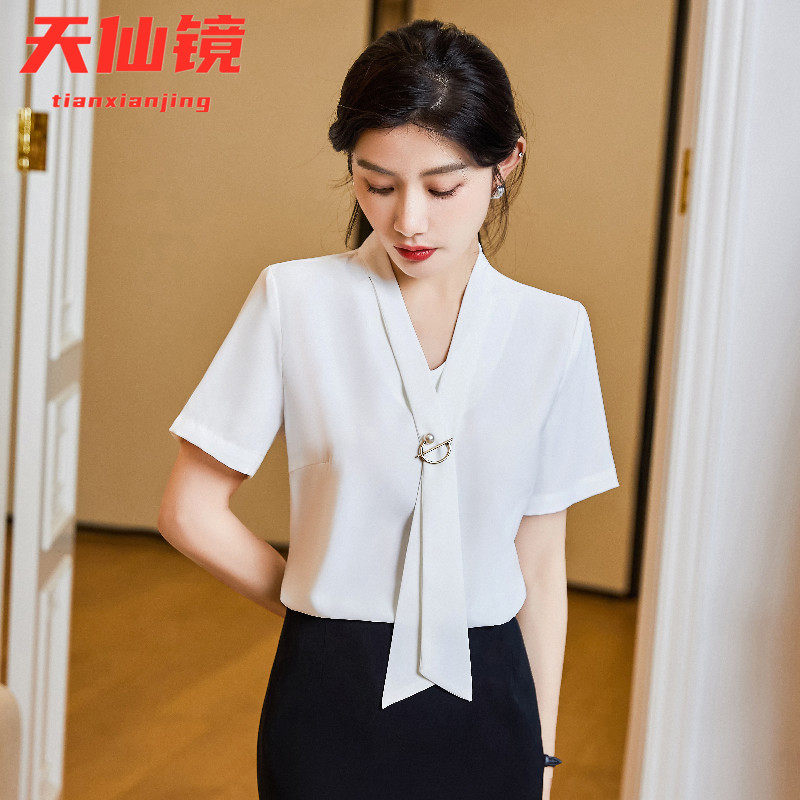Short sleeve pure color v-collar shirt thin white ol shirt professional clothing teacher interview white collar work clothing summer