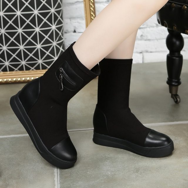 ເກີບແມ່ຍິງພາກຮຽນ spring ແລະດູໃບໄມ້ລົ່ນແບບເກົາຫຼີ Trendy Stretch Boots Flat Heel Short Boots Platform Heightening Martin Boots Flat Heel Stove Leg Boots Single Boots