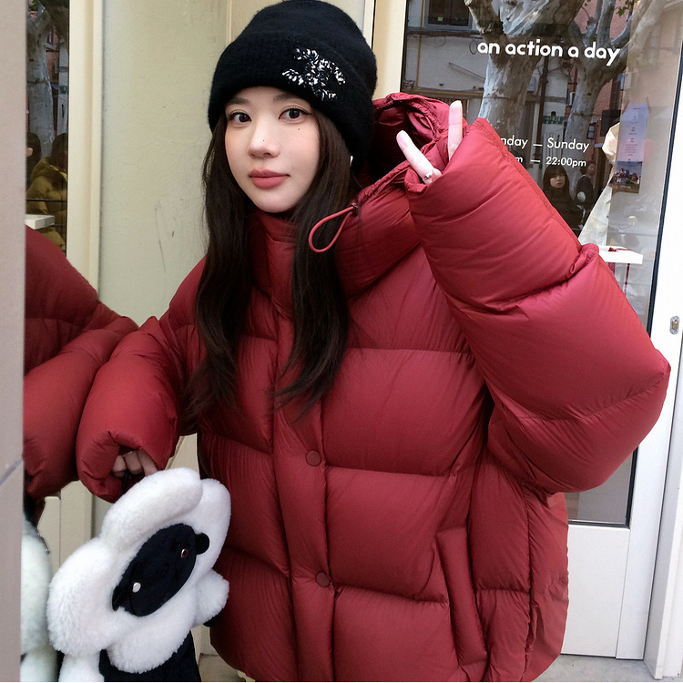 Super Warm down Jacket, Ultra-Soft Milk Goose Down, 90% White Goose down Coat for Women, Red Turtle Back Hooded Short down Jacket