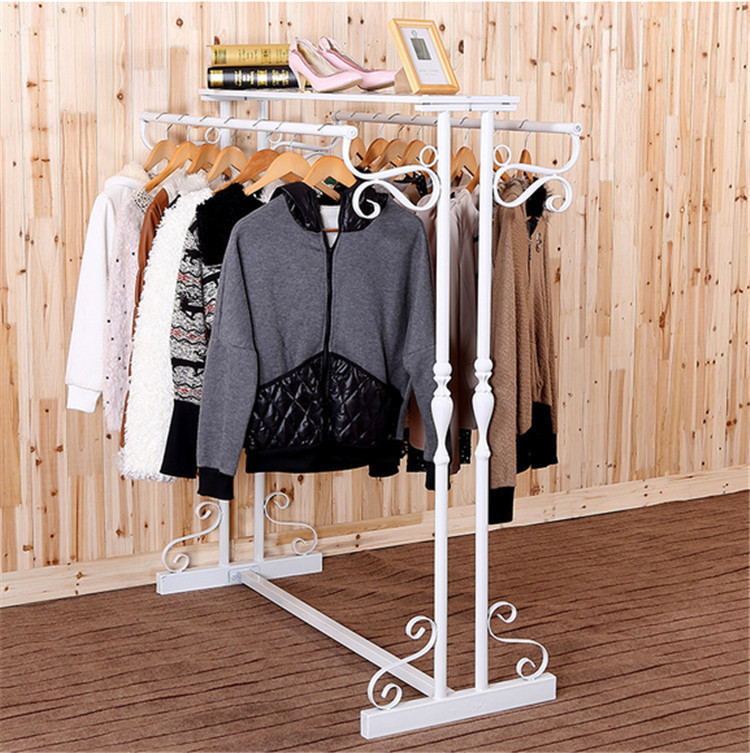 Iron Art Clothing Rack Clothing Clothes Hanger Racks FLOOR STYLE DOUBLE BAR MIDDLE ISLAND SHELF SIDE HUNG WITH BOARD MALL HANGING SHELF