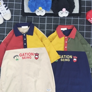 Short sleeve T-shirt male summer lovers college style BF loose color matching cartoon Polo student boys Lapel half sleev